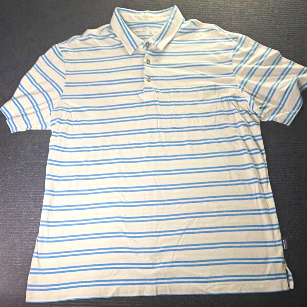 Patagonia Men’s Striped Cotton Polo Shirt XL Blue White Short Sleeve